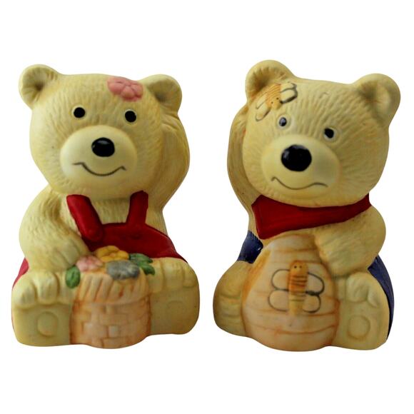 Salt & Pepper Shakers • Little Bear Couple • Red Blue Beige • Flowers Bee 3" - Picture 1 of 4